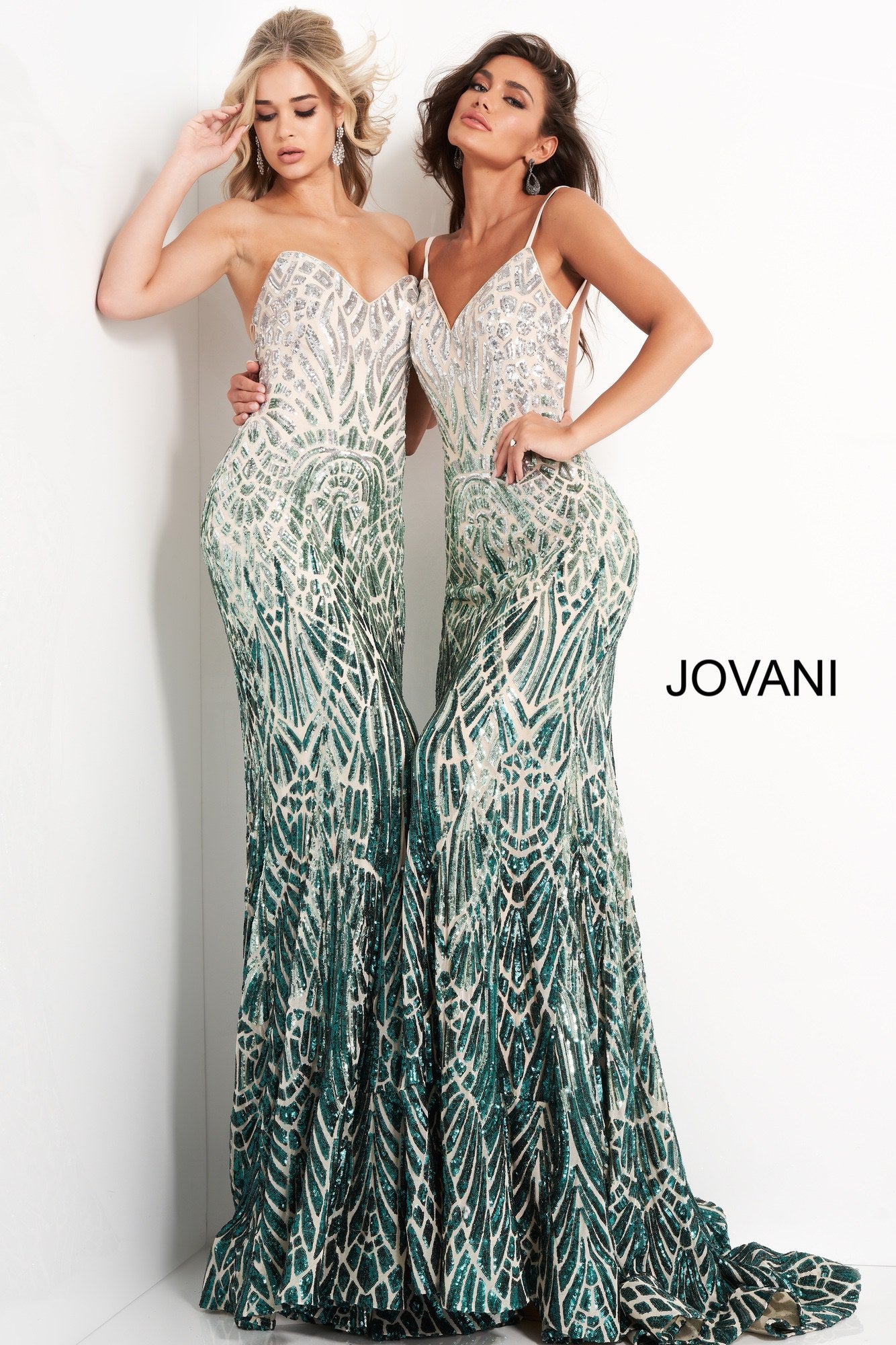 Jovani 06459 is a long fitted Formal Evening Gown. This Strapless Prom Dress Features a Backless open back with a corset style lace up closure. Peak point strapless neckline. Fully Embellished with Sequins in a cascading geometric pattern in an Ombre Design. Lush trumpet skirt with a sweeping train. Perfect for pageants! Available Sizes: 00,0,2,4,6,8,10,12,14,16,18,20,22,24  Available Colors: Silver/Cafe, Silver/Green