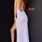 Jovani 06502 Floor length form fitting lilac beaded jersey Jovani prom dress 06502 with high slit features ruched twisted bust, spaghetti strap sweetheart neckline.