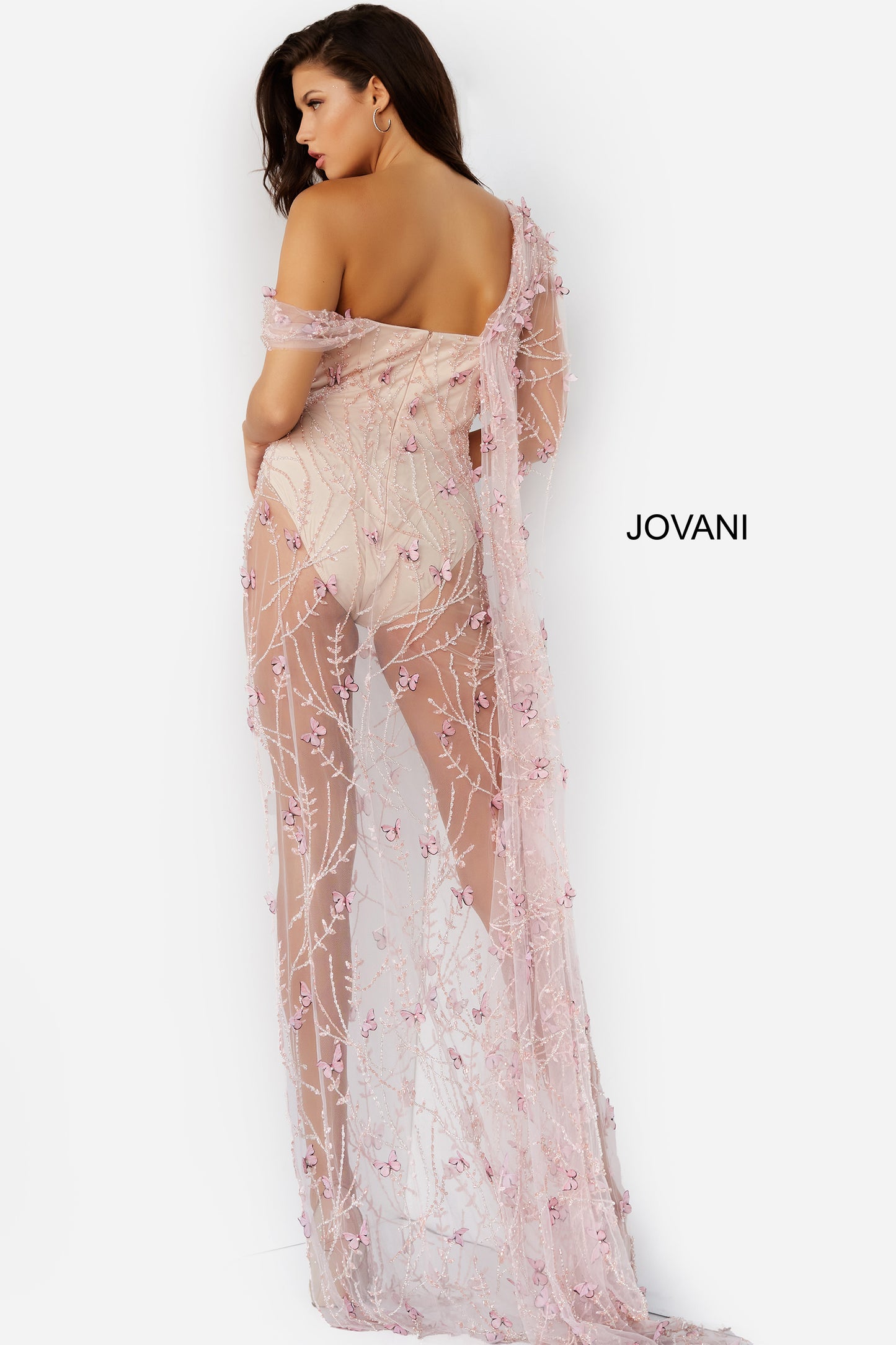 Jovani 06513 Long Straight Sheer Prom Pageant Gown off the shoulder side slit  Available Size- 00-24  Available Color- Nude/Pink