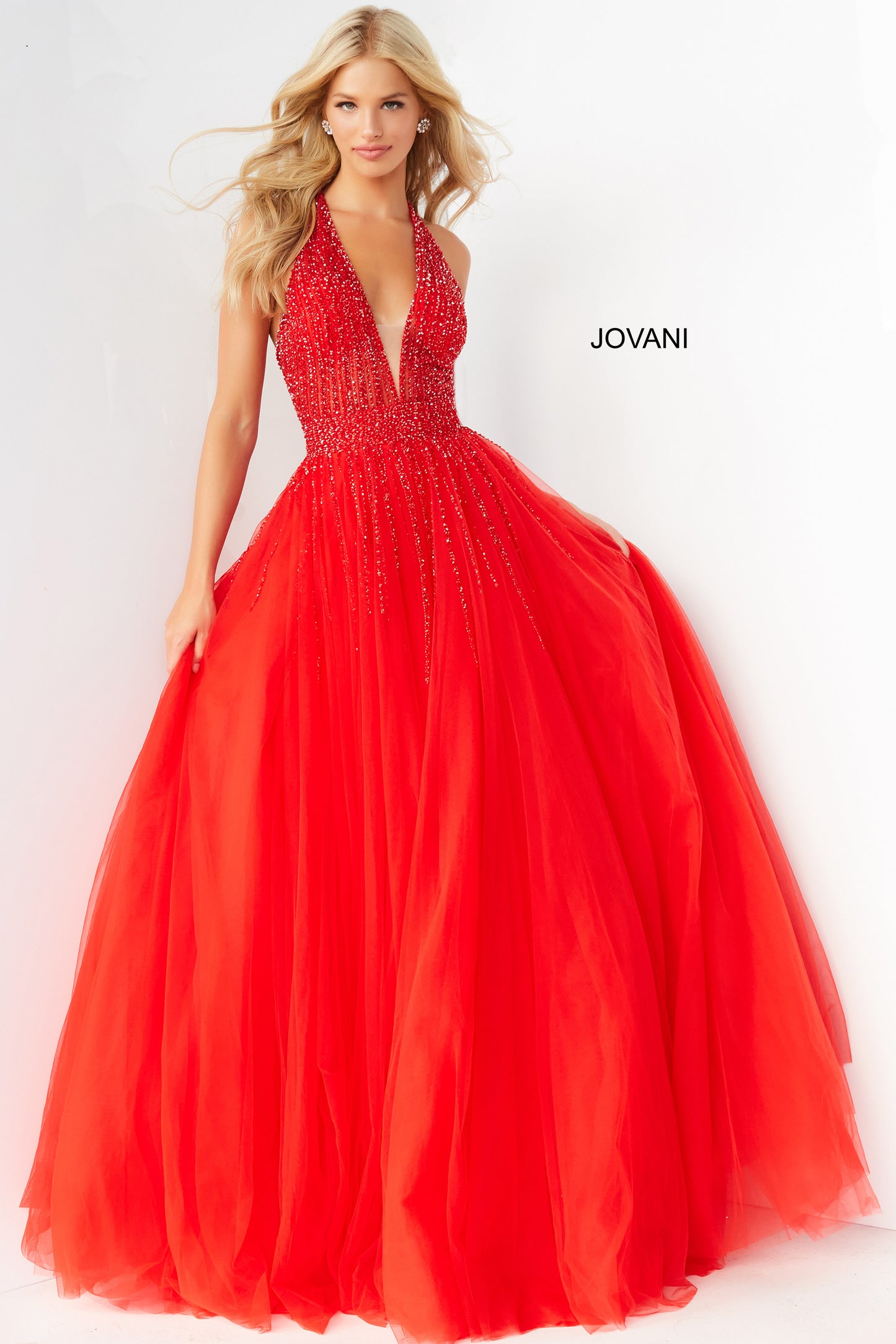 Jovani 06598 Long  Ballgown Prom Pageant Gown V Neck Dress Halter Formal A Line  Available Size- 00-24  Available Color- Red, Black, Ivory