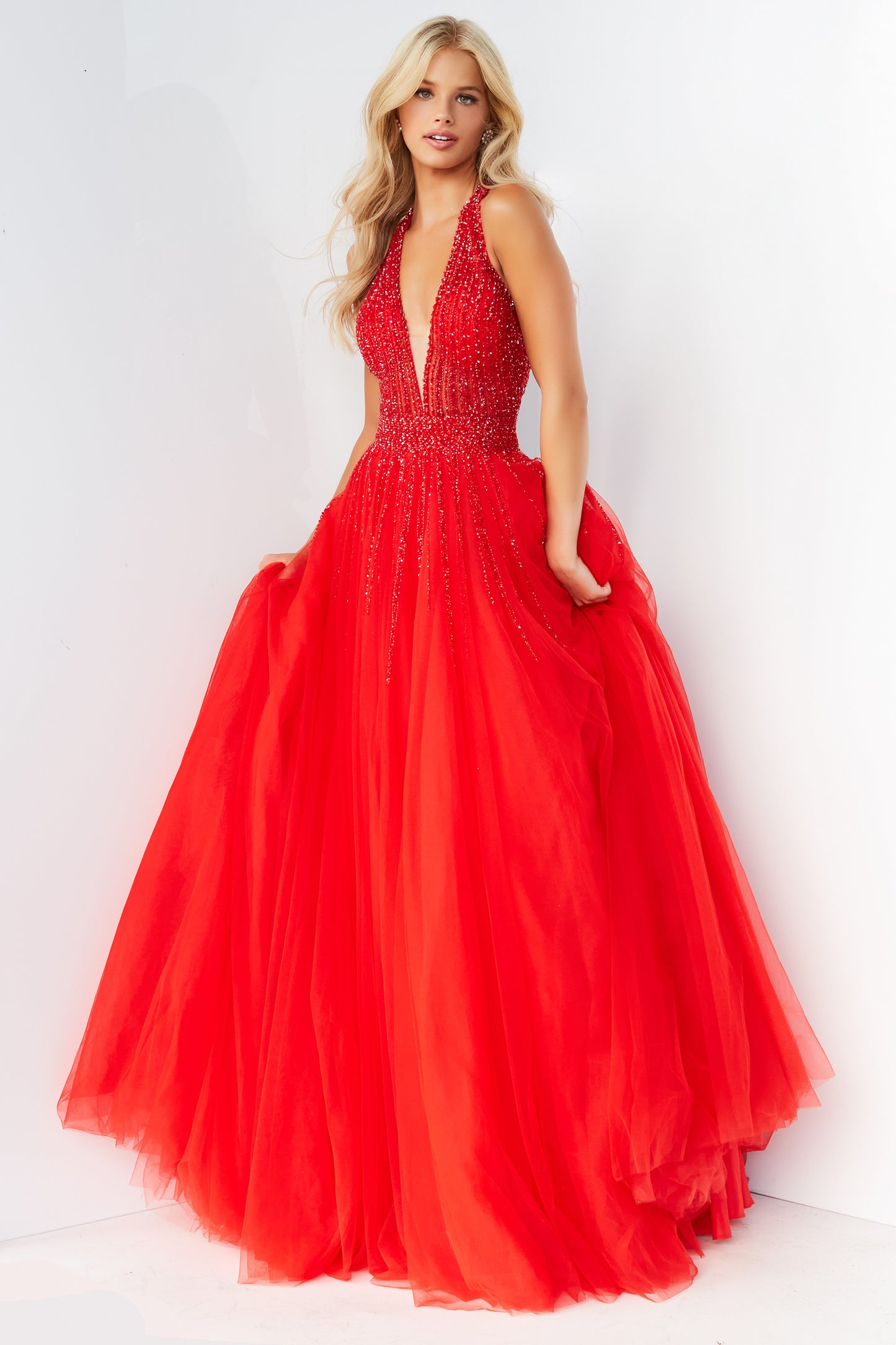 Jovani 06598 Long  Ballgown Prom Pageant Gown V Neck Dress Halter Formal A Line  Available Size- 00-24  Available Color- Red, Black, Ivory