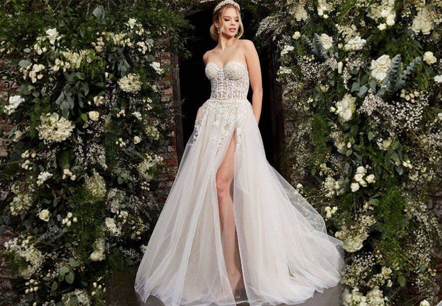Jovani Bridal 06610 A Line Maxi Slit Sheer Beaded Corset Wedding Dress Ballgown  Available Sizes: 000-24  Available Colors: Off White