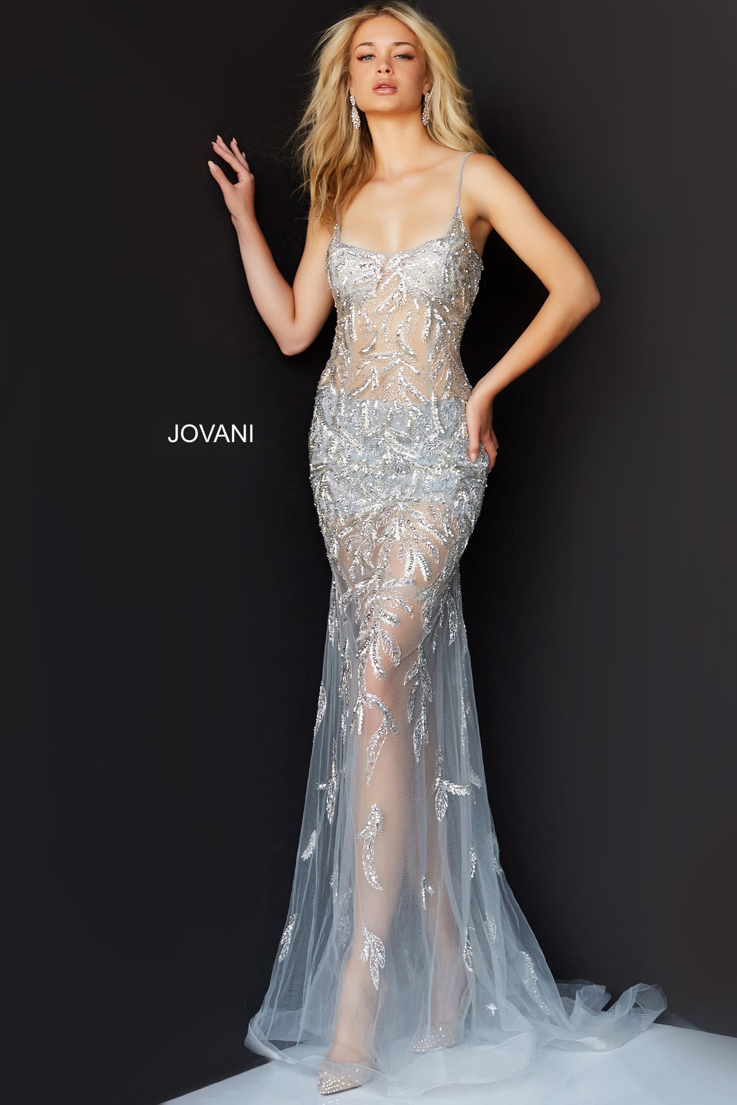 Jovani 06665 Long Straight Prom Pageant Gown Sheer Embellished Dress Formal  Available Size-00-24  Available Color- Silver, Black, Nude