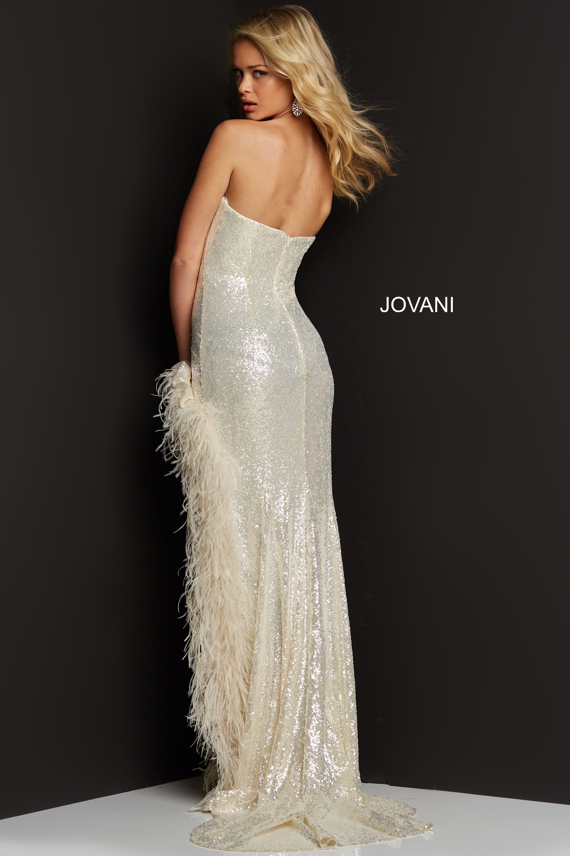 Jovani 07068 Long Straight Prom Pageant Gown Side slit feather formal Dress   Available Size- 00-24  Available Color- Cream, Ice Pink, Light/ Blue