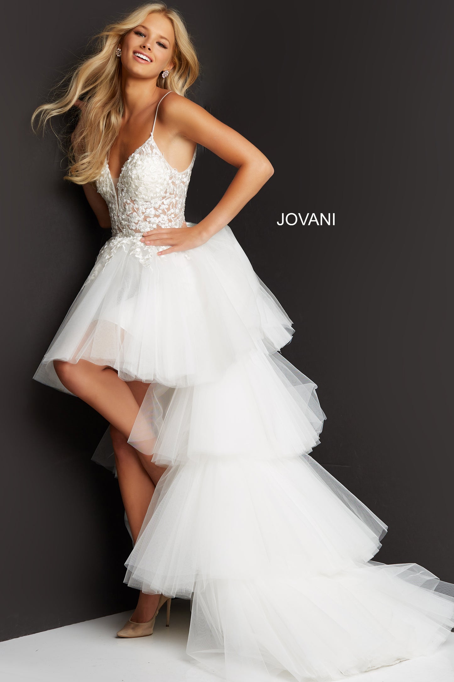 Jovani 07263 High Low Prom Dress Embroidered Floral Bodice Pleated Train  Layered Ruffle Lace Sheer