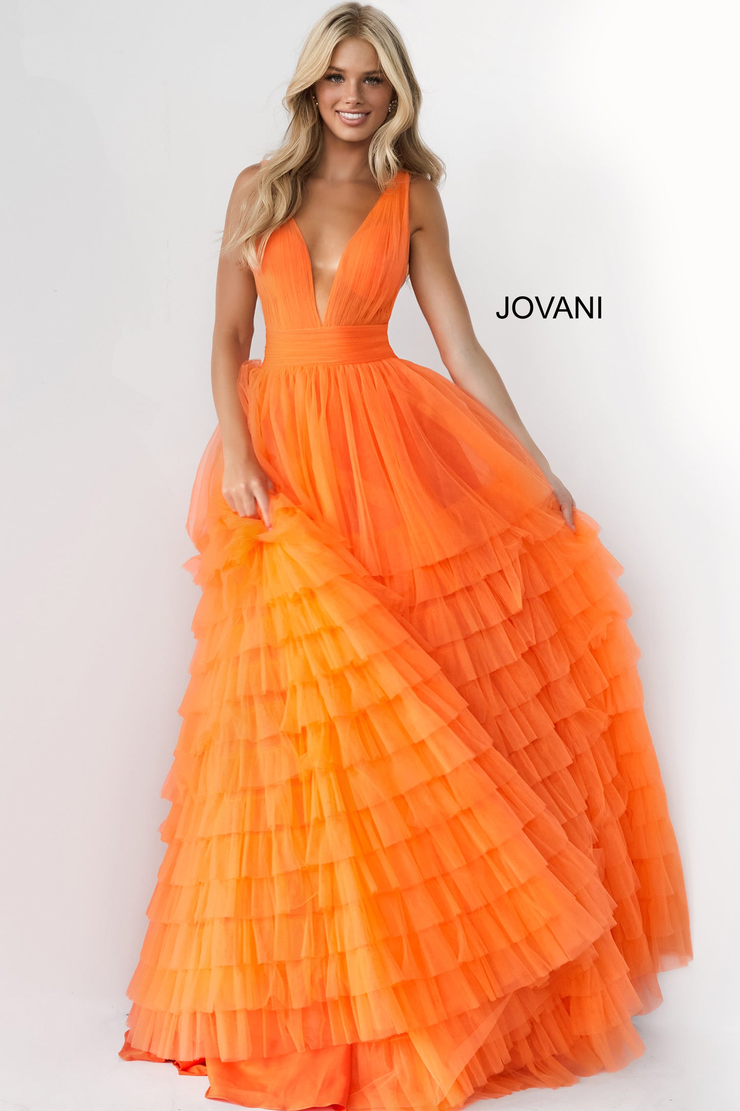 Jovani 07264 Long Ballgown Prom Pageant Gown ruffle dress v neck   Available Size-00-24  Available Color- Orange, Blush, Lilac, White