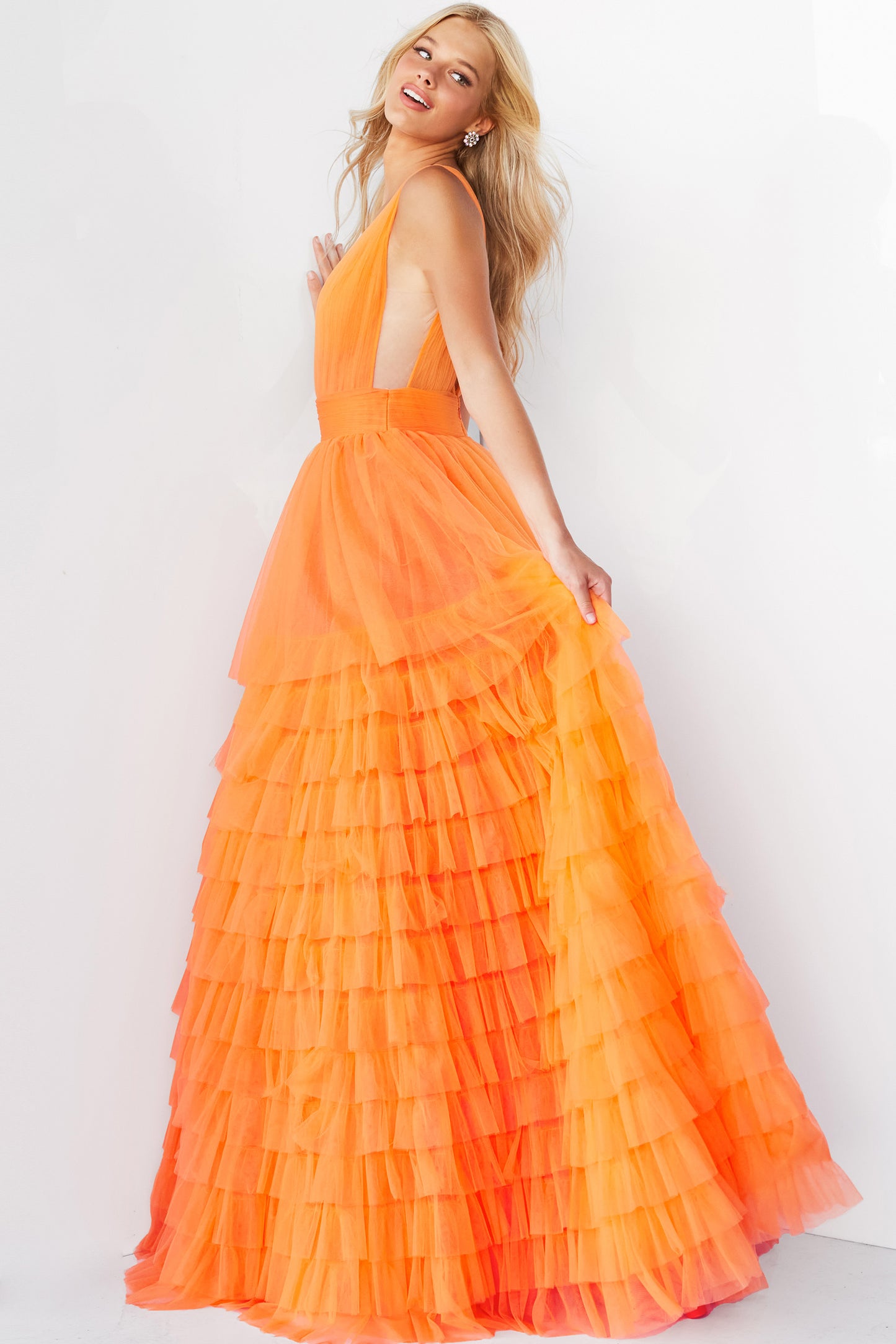 Jovani 07264 Long Ballgown Prom Pageant Gown ruffle dress v neck   Available Size-00-24  Available Color- Orange, Blush, Lilac, White