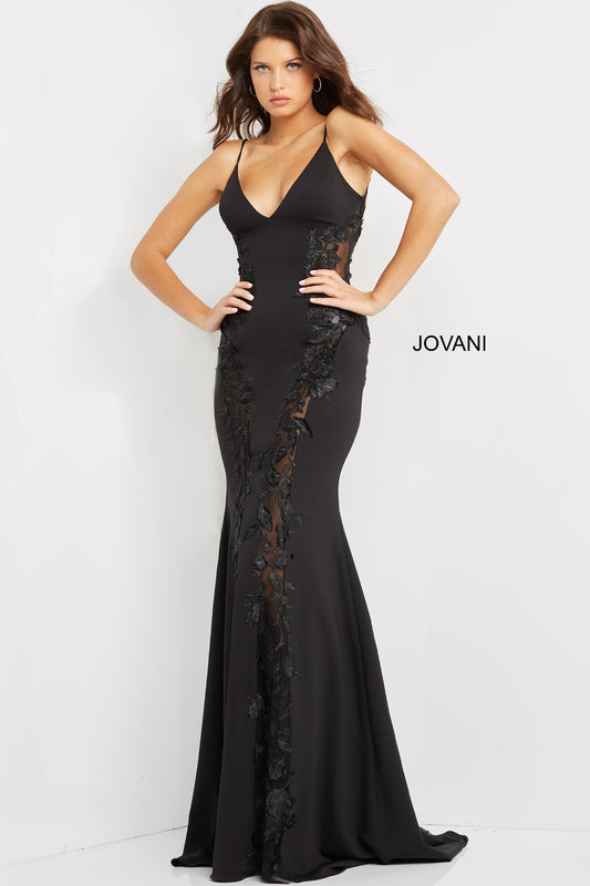 Jovani 07296 Sexy Elegant Form-Fitting Illusion Lace Inserts Long Straight Prom Pageant Gown!  Closure: Invisible Back Zipper with Hook and Eye Closure Details: Fitted Long prom dress, sheer mesh panels embellished with floral appliques, sleeveless bodice with spaghetti straps over shoulders, V neck, long skirt