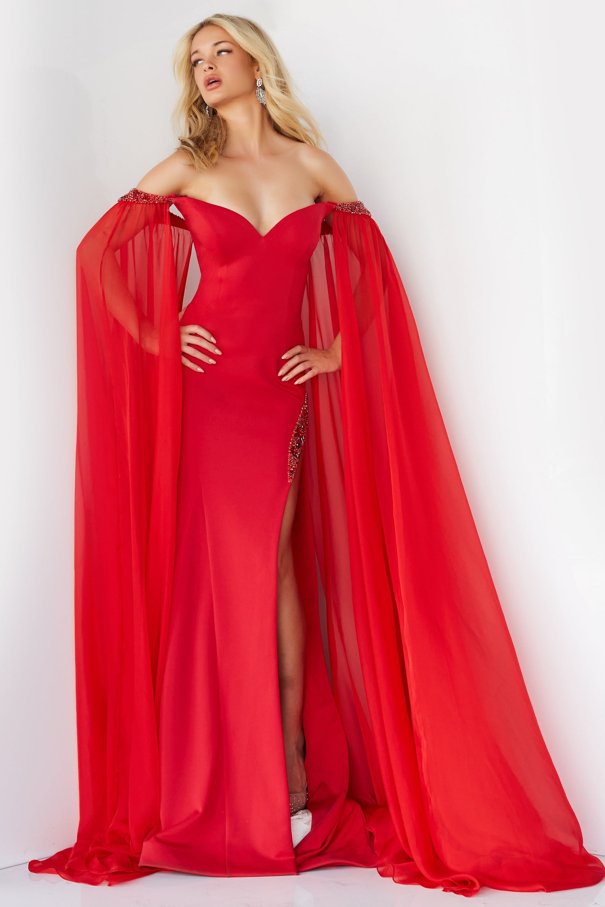 Jovani 07652 Size 8 Red Prom Dress Cape Sleeves Pageant Gown Slit off Glass Slipper Formals Jovani 07652 Size 8 Red Prom Dress Cape Sleeves Pageant Gown Slit off Glass Slipper Formals