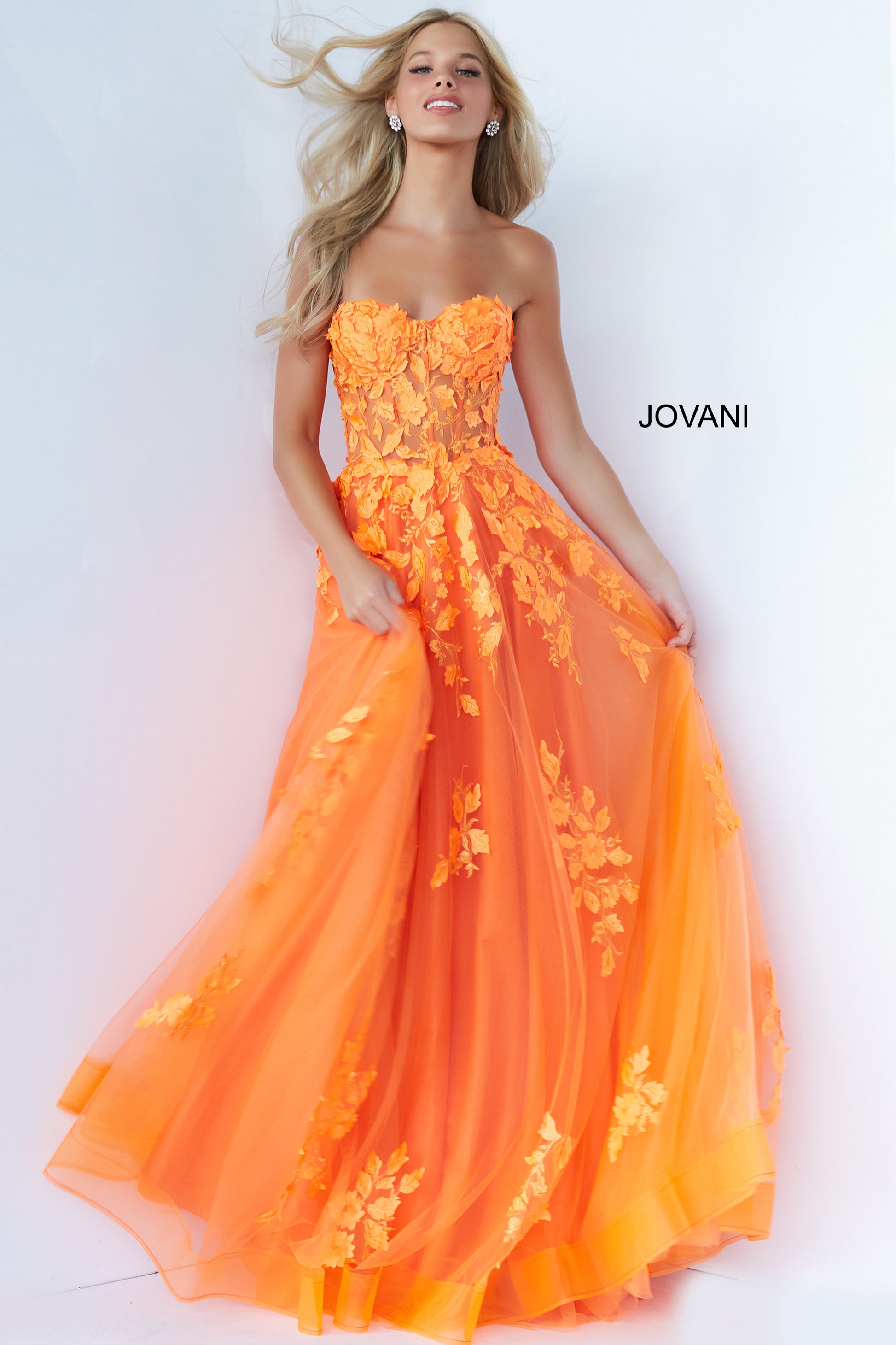 Jovani 07901 Long Ballgown Prom Pageant Gown Sheer Floral A Line Dress  Available Size- 00-24  Available Color- Red, Orange, Black, Off White