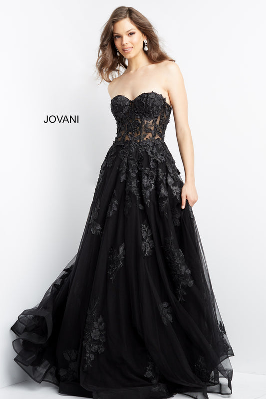Jovani 07901 Long Ballgown Prom Pageant Gown Sheer Floral A Line Dress  Available Size- 00-24  Available Color- Red, Orange, Black, Off White