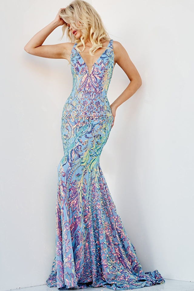 Jovani 08099 Long Fitted Iridescent Sequin Mermaid Prom Dress V Neck Formal Gown  Details: Iridescent sequin over stretch fabric, floor length skirt with train, form-fitting silhouette, sleeveless bodice with illusion sides, V neck, and open V back. Available colors: iridescent blue, white/multi Fit: The Model is 5'9" and Wearing 3" Heels.  Fabric: Prom and Wedding guest