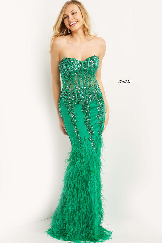 Jovani 08142 Long Fitted Feather Prom Dress Pageant Gown Strapless Sheer fitted corset style bodice with boning.   Available Size-00-24  Available Colors:  Emerald, Kiwi, Black, Blush, Navy, Red