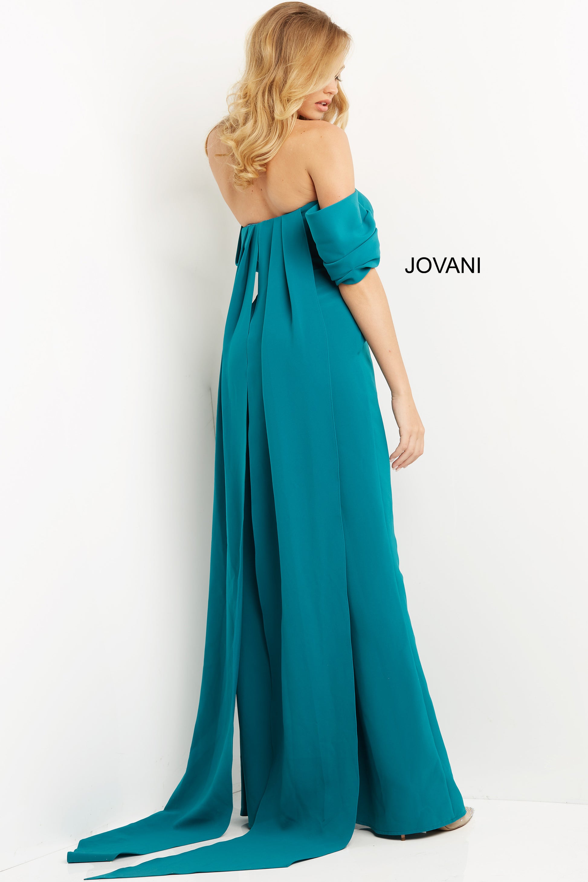 Jovani 08209 Back Formal Jumpsuit Strapless Cape Sleeves Crepe Fit and Flare Pants