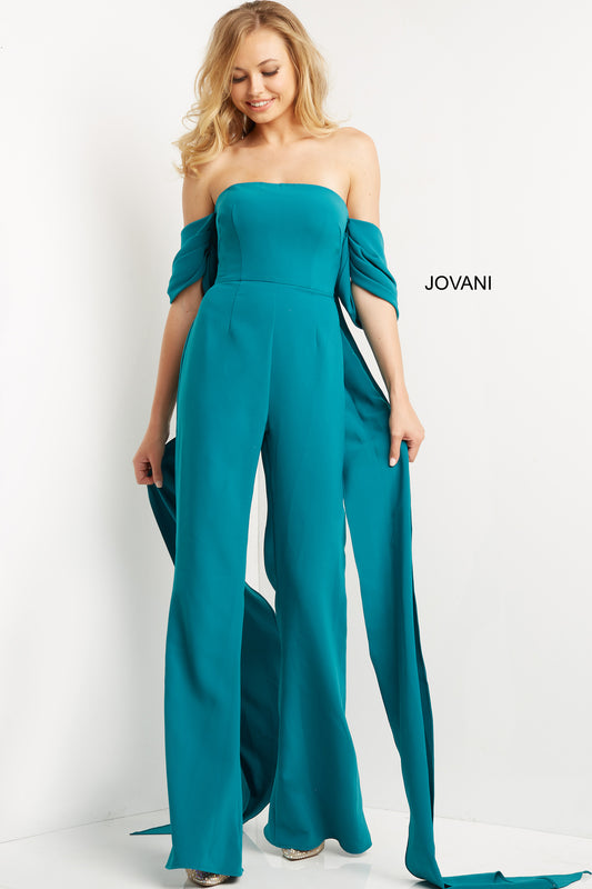Jovani 08209 Teal Formal Jumpsuit Strapless Cape Sleeves Crepe Fit and Flare Pants