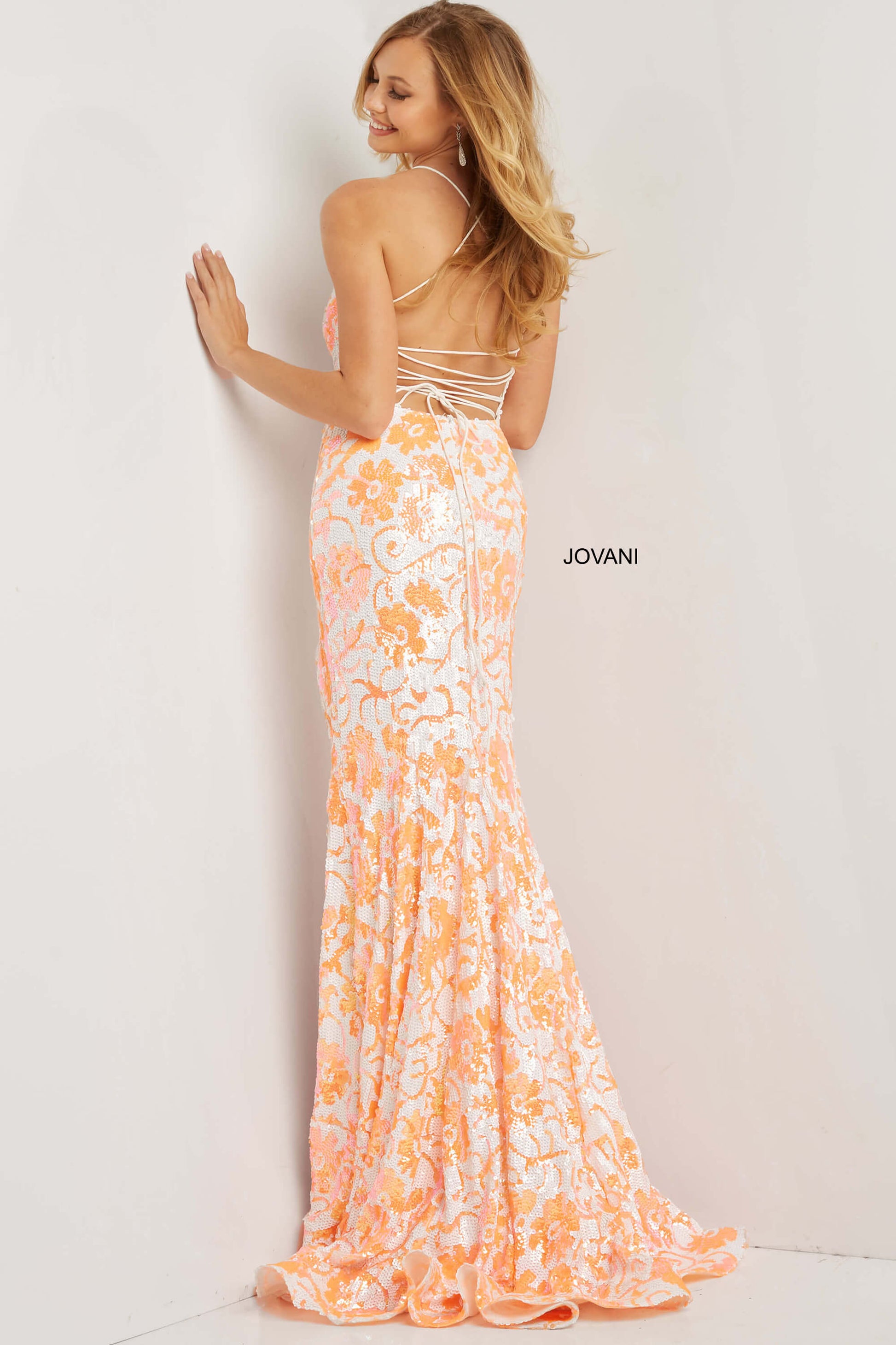 Jovani 08255 Long Straight Prom Pageant Gown  Floral Embellished dress  Available Size- 00-24  Available Color- Ivory/Light Orange, Ivory/Purple, Ivory/Emerald 