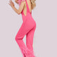 Jovani 08554 Shimmer Jumpsuit Feather Pant Legs Slit V Neck Formal Pageant Wear This Jovani 08554 hot pink contemporary jumpsuit features a fitted silhouette in glitter stretch, accented with ostrich feathers on the shoulders and hem.  Available Sizes: 00,0,2,4,6,8,10,12,14,16,18,20,22,24  Available Colors: Black, Hot Pink