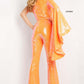 Jovani 09112 Long Jumpsuit Prom Pageant sequin long bell sleeve one shoulder   Available Size- 00-24  Available Color- Irredescent Orange, Irredescent Fuchsia, Irredescent Royal