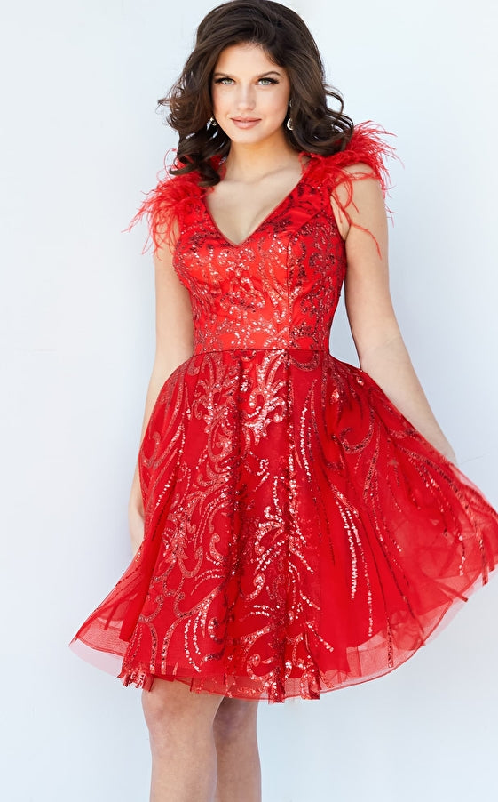 Jovani 09466 Short Fit & Flare Red Feather Embellished Cocktail Dress Formal Glitter V Neck Gown  Available Color: Red  Available Sizes: 00-24