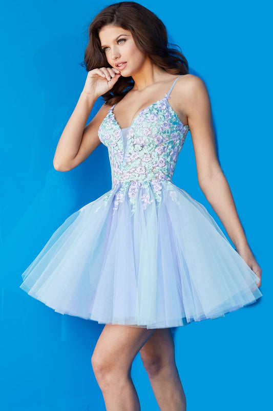 Jovani 09728 Short Tulle Fit & Flare Formal Cocktail Dress Sheer Lace Bodice Homecoming Gown Jovani 09728 - Multicolored embroidered floral bodice, with a fit and flare tulle skirt. The mini dress features a low v-back and a plunging v-neckline.  Available Sizes: 00,0,2,4,6,8,10,12,14,16,18,20,22,24  Available Colors: Multi