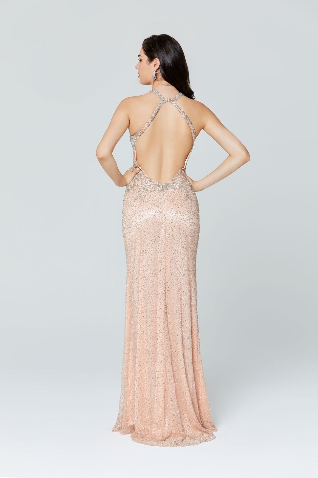 Primavera Couture 3409 is a beaded high neckline Prom Dress, Pageant Gown, Wedding Dress & Formal Evening Wear gown. This gown features a high neckline with sequins &  beading embellishing this long evening gown with side slit and open back   Blush