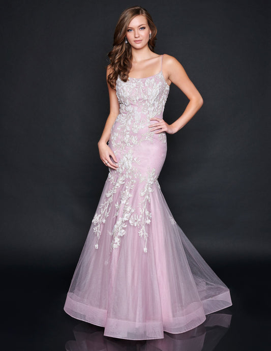 Nina Canacci 9120 Long Shimmer Lace Mermaid Prom Dress Pageant Gown Backless Corset  Available Size-0-14  Available Color-Grey/Ivory, Mauve/Ivory, Blue/Ivory