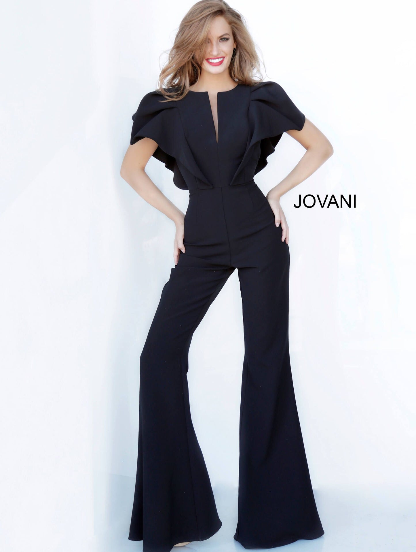 Jovani 00762 ruffle sleeve top with v neckline bell bottoms jumpsuit ruffle top bell bottoms jumpsuit Pageant Skinny V Neck Suit Couture  Available colors:  Black, Fuchsia, Ivory, Navy, Red, Tangerine, Turquoise  Available sizes:  00-24 