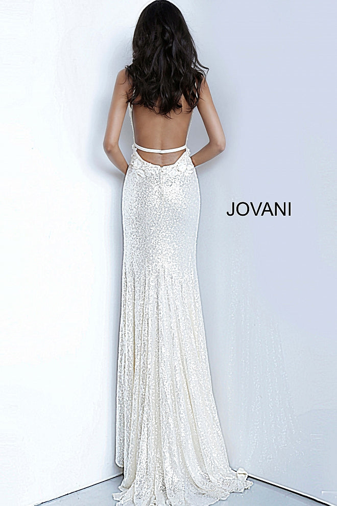 Jovani 1012 Size 0, 4 White Sequin Fitted Formal Prom Dress Slit Pageant Backless Floral Bodice
