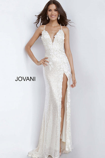 Jovani 1012 Cream Rose Gold Stretch petite Sequins Fitted Formal Dress #D Floral Appliques Plunging neckline flower embellished slit backless Glass Slipper Formals