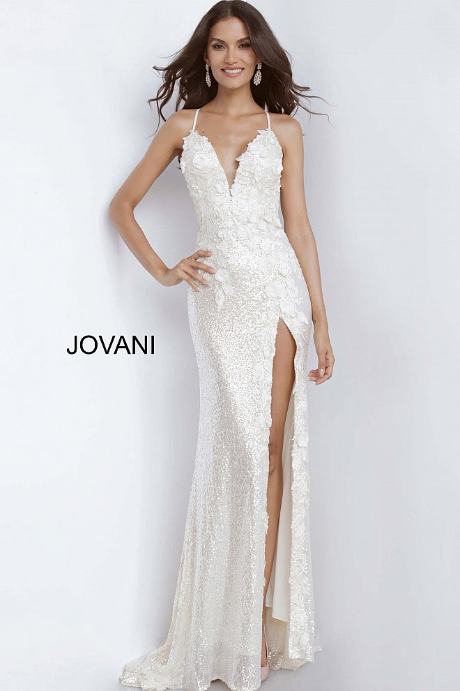 Jovani 1012 is a Delicate all over sequin Embellished Prom Dress with Floral Appliques. Features a plunging neckline & Slit in the skirt. Small Train in Back.   Details: Sequin fabric, floral appliques, fitted silhouette, high slit skirt with sweeping train, sleeveless bodice, plunging neckline with sheer mesh insert, low back with strap across for support, spaghetti straps over shoulders.