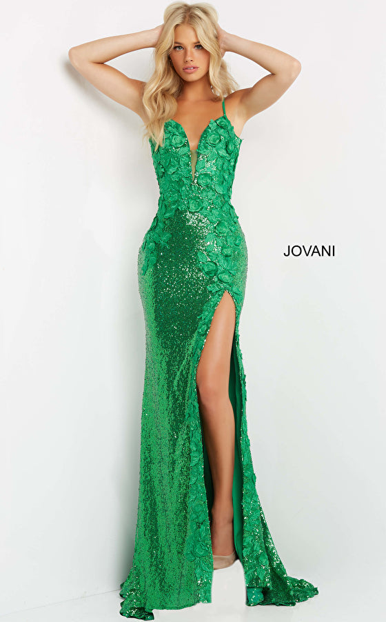 Jovani 1012 Prom Dress Long Sequin Floral Appliques Pageant Gown Slit Backless