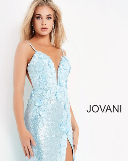 Jovani 1012 is a Delicate all over sequin Embellished Prom Dress with Floral Appliques. Features a plunging neckline & Slit in the skirt. Small Train in Back.  Light Blue