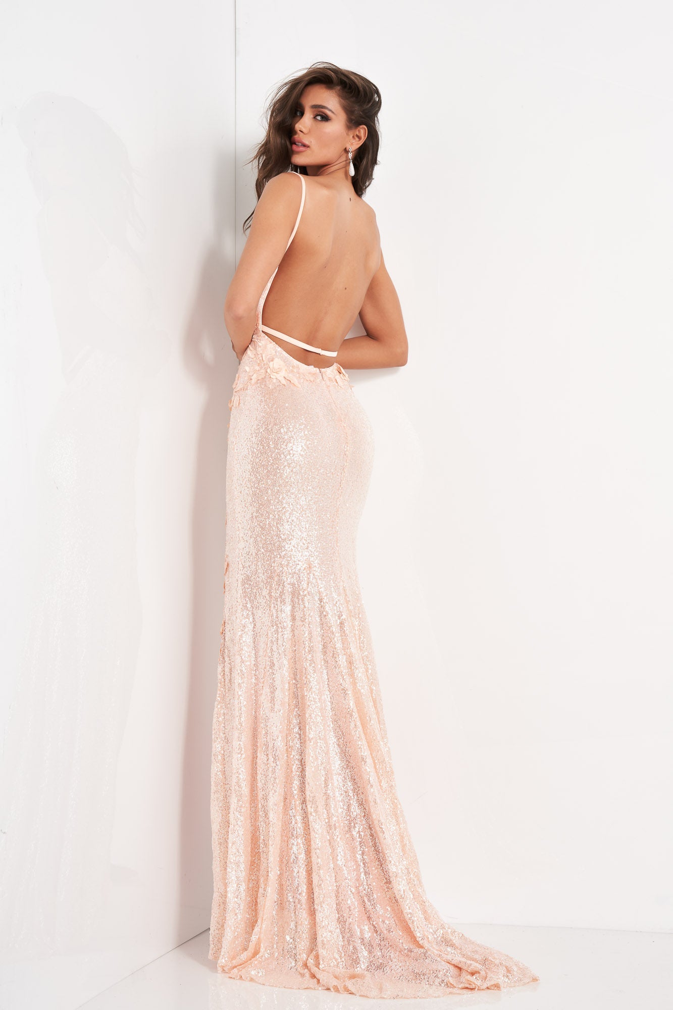 Jovani 1012 Rose Gold Prom Dress size 10 Long Sequin Fitted Dress Slit Floral Appliques