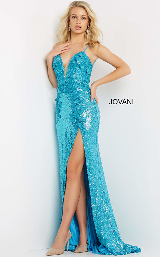 Jovani 1012 This is a Delicate all over sequin Embellished Prom Dress with Floral Appliques. Features a plunging neckline & Slit in the skirt. Small Train in Back.   Details: Sequin fabric, floral appliques, fitted silhouette, high slit skirt with sweeping train, sleeveless bodice, plunging neckline with sheer mesh insert, low back with strap across for support, spaghetti straps over shou