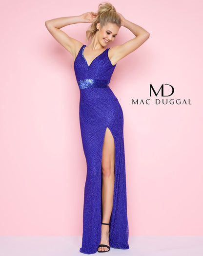 Mac Duggal 1070 Size 12 Royal V Neck Long Beaded Prom Dress Pageant Formal