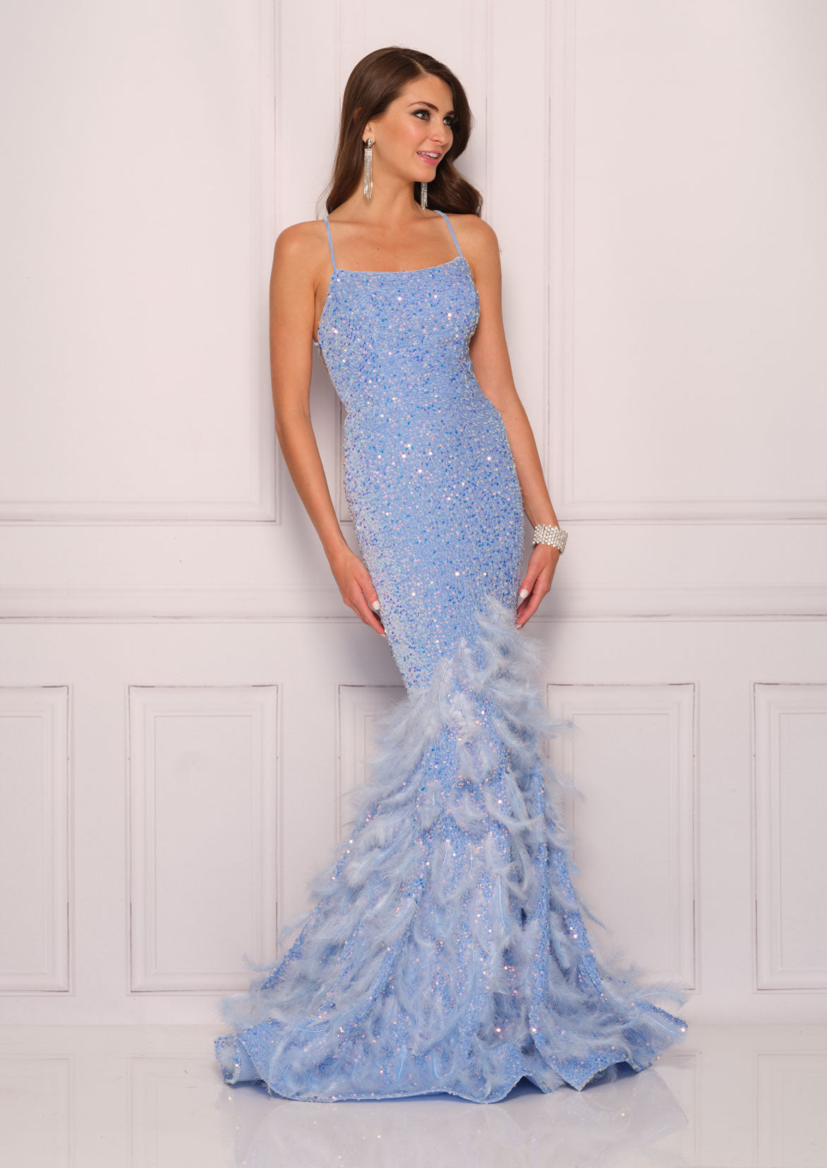 Dave & Johnny 11068 Long Fitted Sequin Feather Mermaid Prom Dress Backless Corset Gown  Sizes: 00-16  Colors: Blue