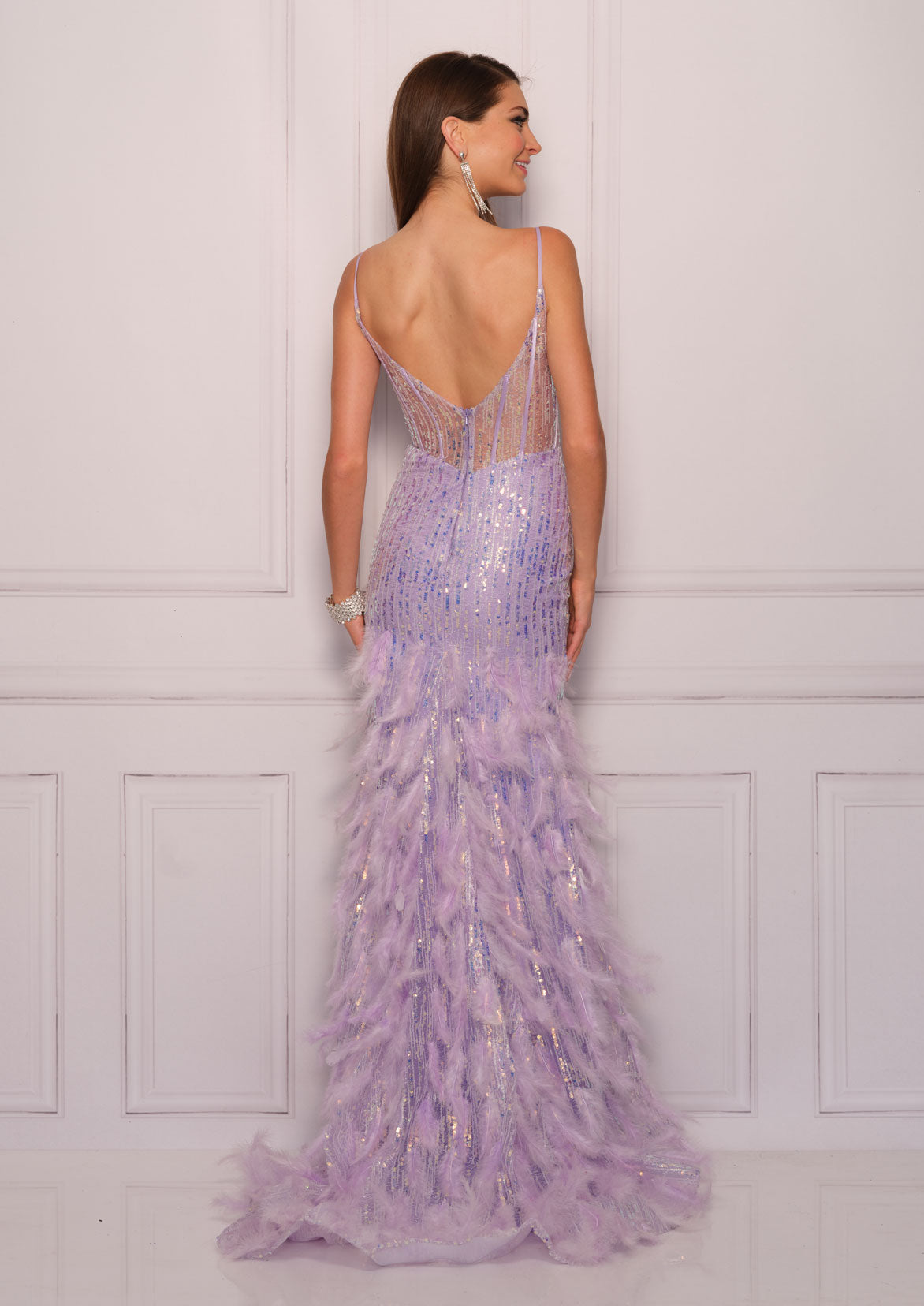 Dave & Johnny 11088 Long Fitted Sheer Sequin Slit Feather Corset Prom Dress Pageant Gown  Sizes: 0-16  Colors: Lilac
