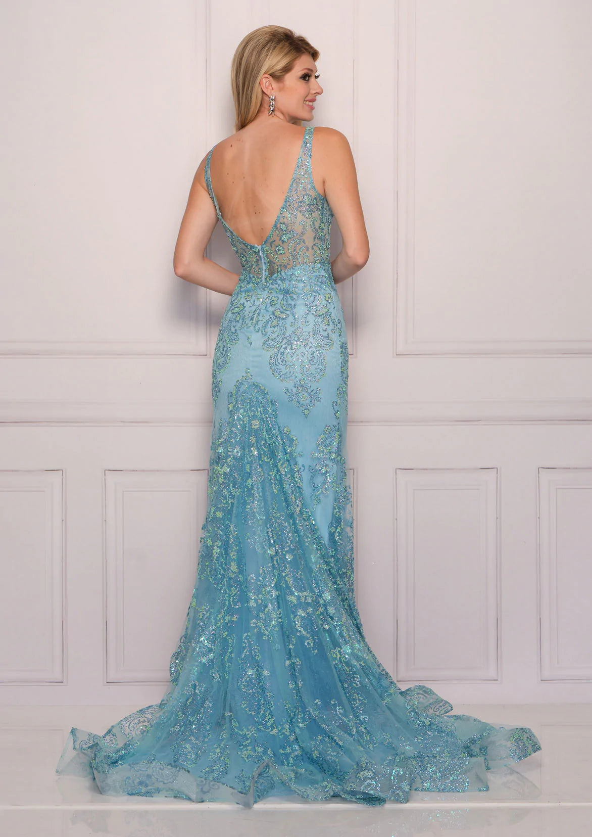Dave & Johnny 11089 Long Fitted Sheer Prom Dress Slit Pageant Gown Glitter Formal   Sizes: 0-16  Colors: Blue
