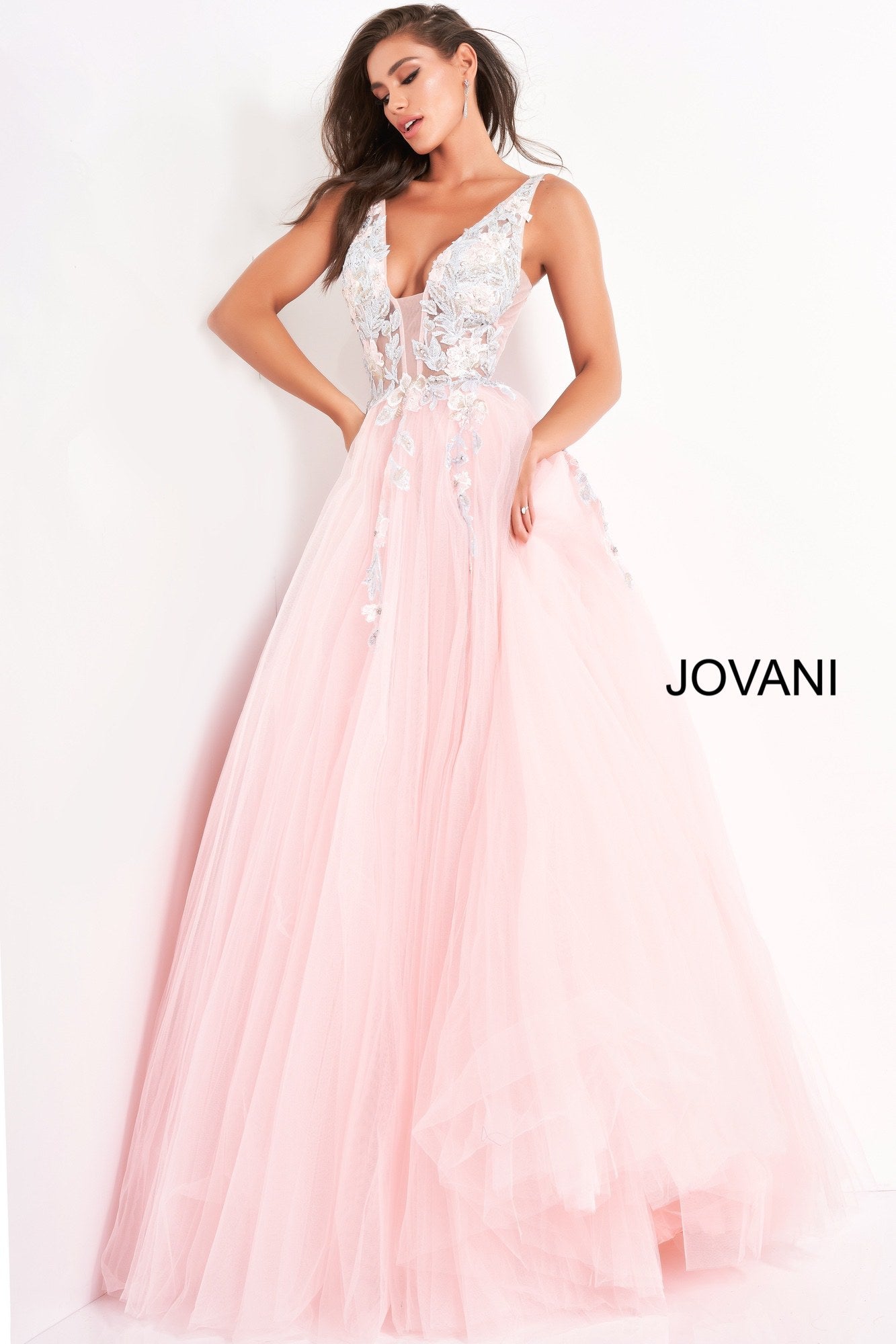 Jovani 11092 floral embellished plunging neckline tulle prom dress ball gown evening dress. Long Sheer floral lace applique embellished formal ball gown evening. Prom Dress, Pageant Gown.  Light blue tulle prom ballgown with floral embroidered bodice featuring a sheer sleeveless bodice, plunging neckline and low v-shaped back with zipper, floor-length A-line skirt. Available colors:  Blush, Light Blue