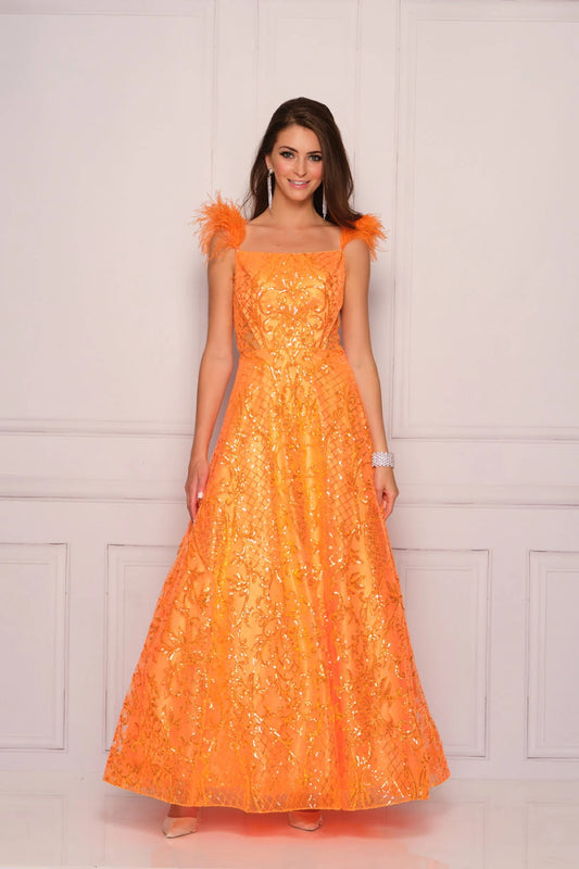 Dave & Johnny 11105 Long A Line Sequin Feather Ballgown Prom Dress Formal Cutout Back Sequin Feather Prom Dress A Line Sheer Backless Formal Gown Make a bold, statement in this stunning neon orange ball gown! Not for the faint of heart, this gown is sure to draw attention at any formal event. The faux feather straps scream glamour while providing ample support, while the shimmery sequin scroll and lattice design will glisten underneath any lights. 