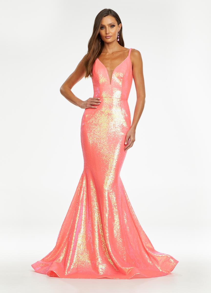 Ashley Lauren 11108 Size 12 Long Fitted Sequin Mermaid Prom Dress Pageant V Neck Coral
