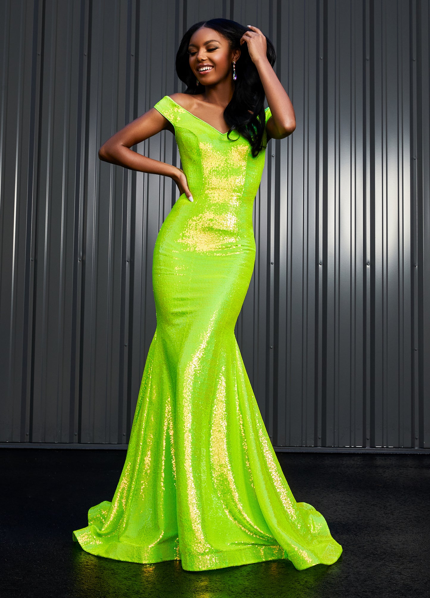 Ashley Lauren 11109 Size 16 Neon Off the shoulder sequin prom dress pageant gown