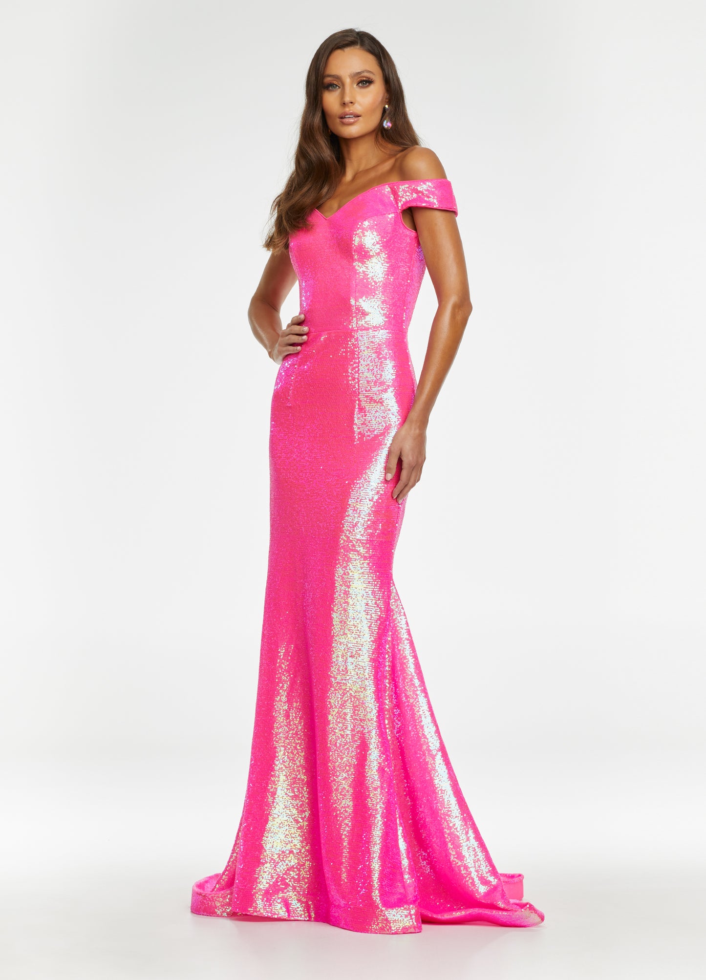 Ashley Lauren 11109 is a long fitted sequin formal prom & Pageant dress. Featuring off the shoulder straps and a lush trumpet skirt with a sweeping train.  Available Sizes: 16  Available Colors: Neon Pink