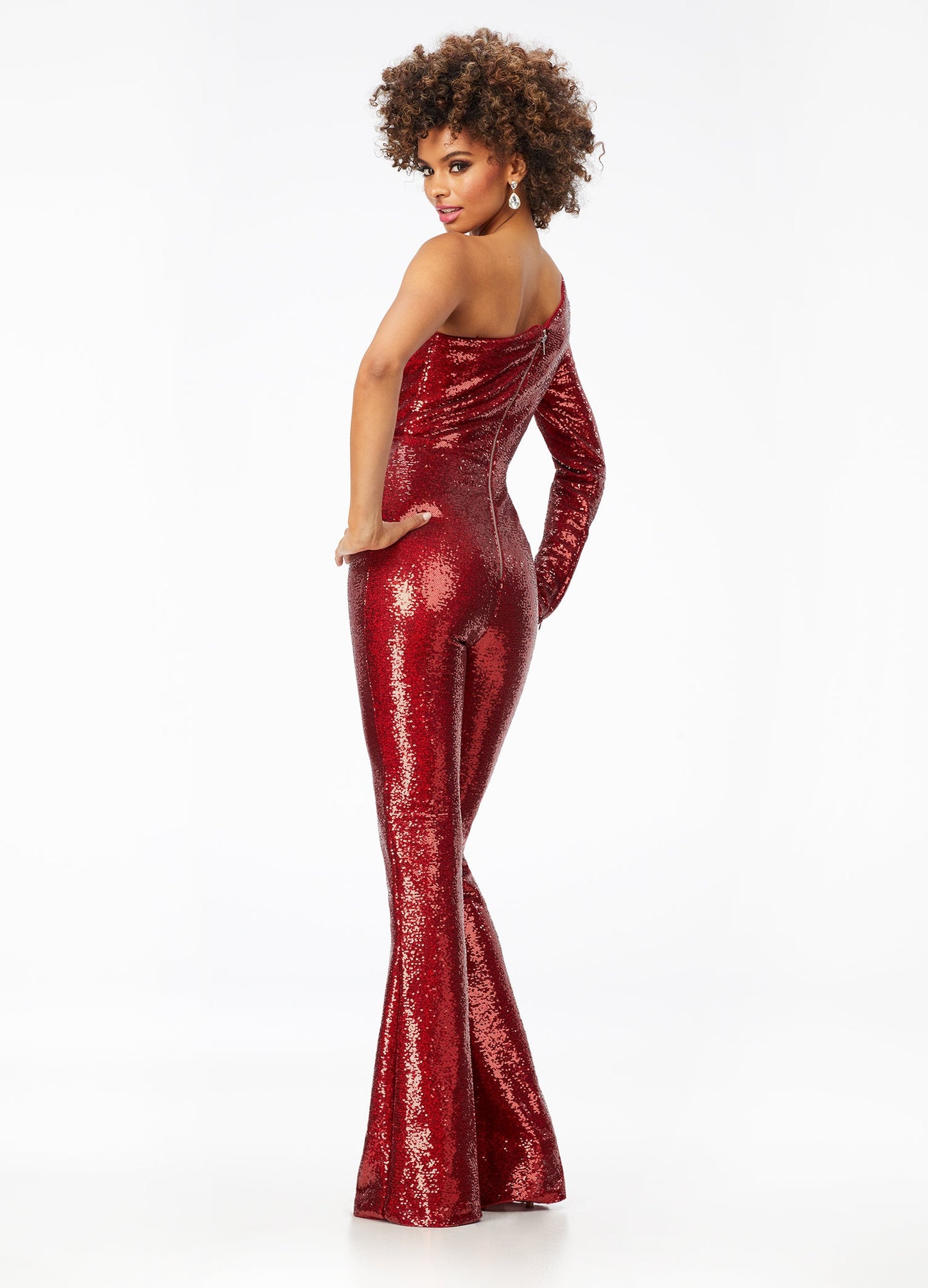 Ashley Lauren 11110 Size 2, 4 Ruby Red Jumpsuit Long Sequin Bell Sleeve Pageant Jumpsuit One Shoulder