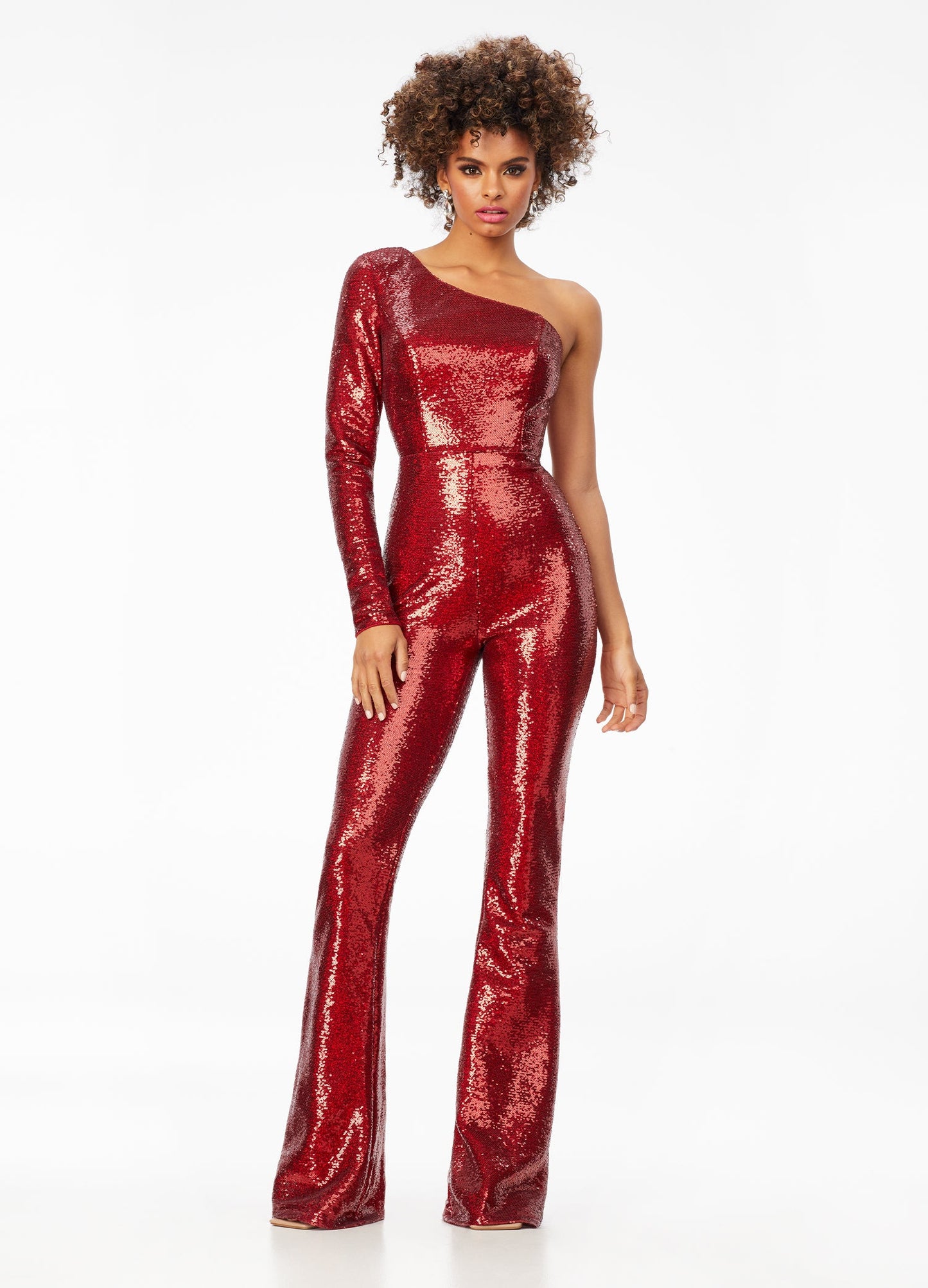 Ashley Lauren 11110 Size 2, 4 Ruby Red Jumpsuit Long Sequin Bell Sleeve Pageant Jumpsuit One Shoulder