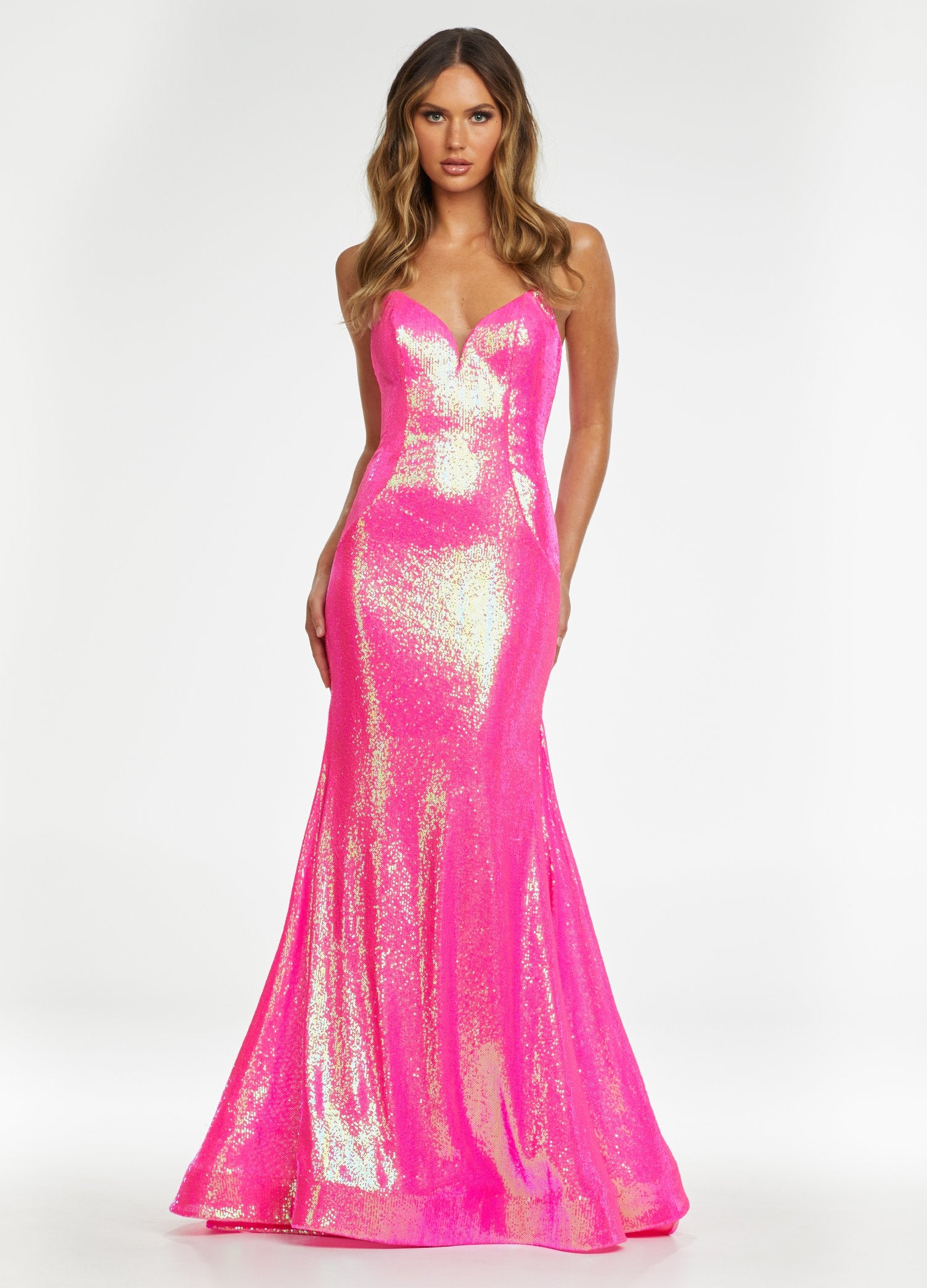Ashley Lauren 11163 Long Fitted Sequin Strapless Prom Pageant Dress Train Peak Point This fitted strapless sequin gown with a V-Neckline is accented with contour seaming that is sure to accentuate your curves. The gown is completed with a puddle train.  Available Sizes: 00-16  Available Colors:   Neon Green, Neon Pink, Neon Blue, AB Ivory Stapless Sweetheart Neckline Fitted Sequin Fabric