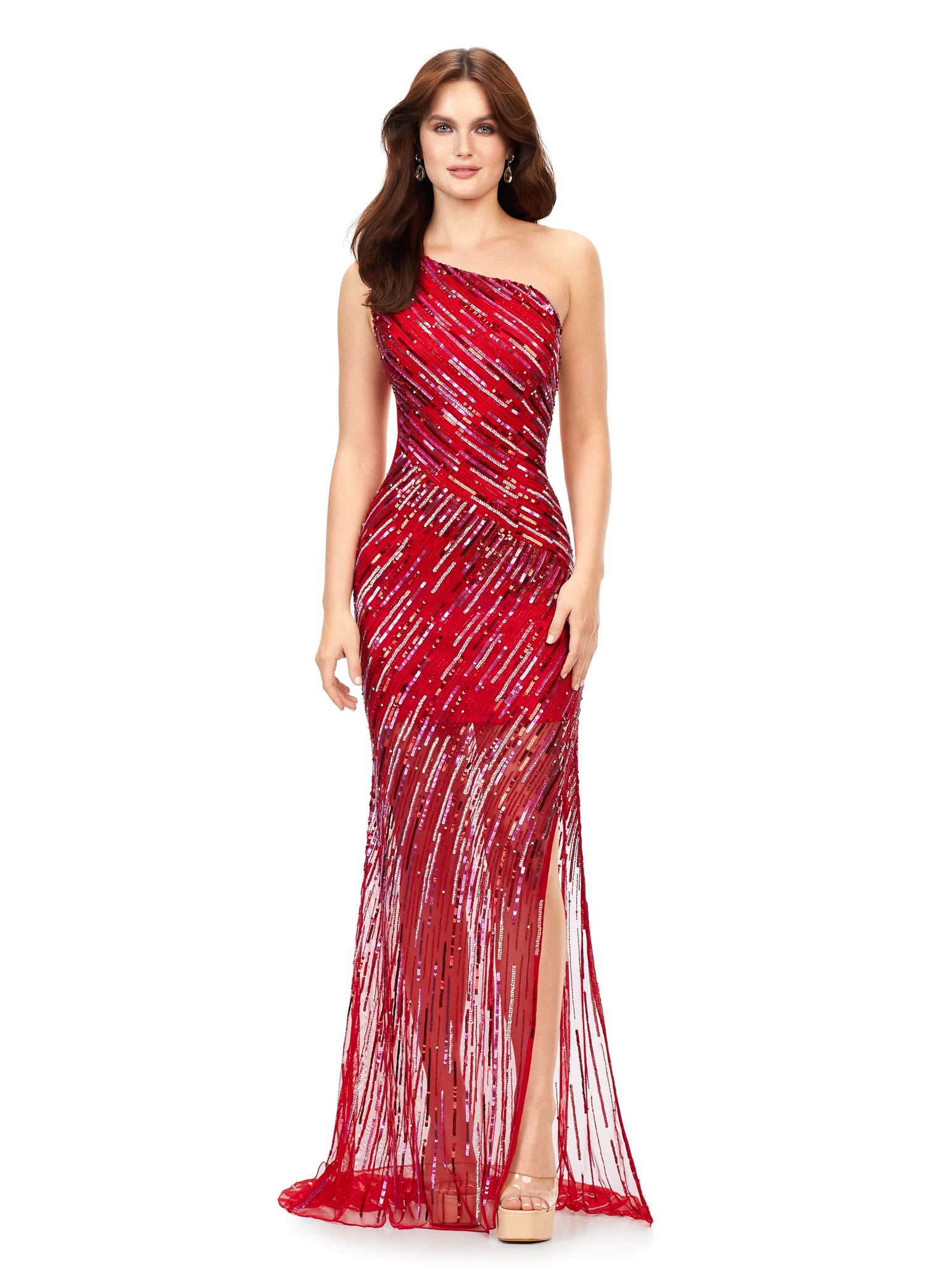 Ashley Lauren 11207 One Shoulder Prom Dress Sheer Sequin Formal Evening Pageant Gown 6 / Red