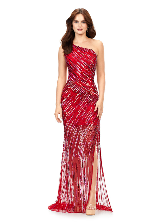 Ashley Lauren 11207 Size 2 Red Prom Dress One Shoulder Sequins Sheer Slit