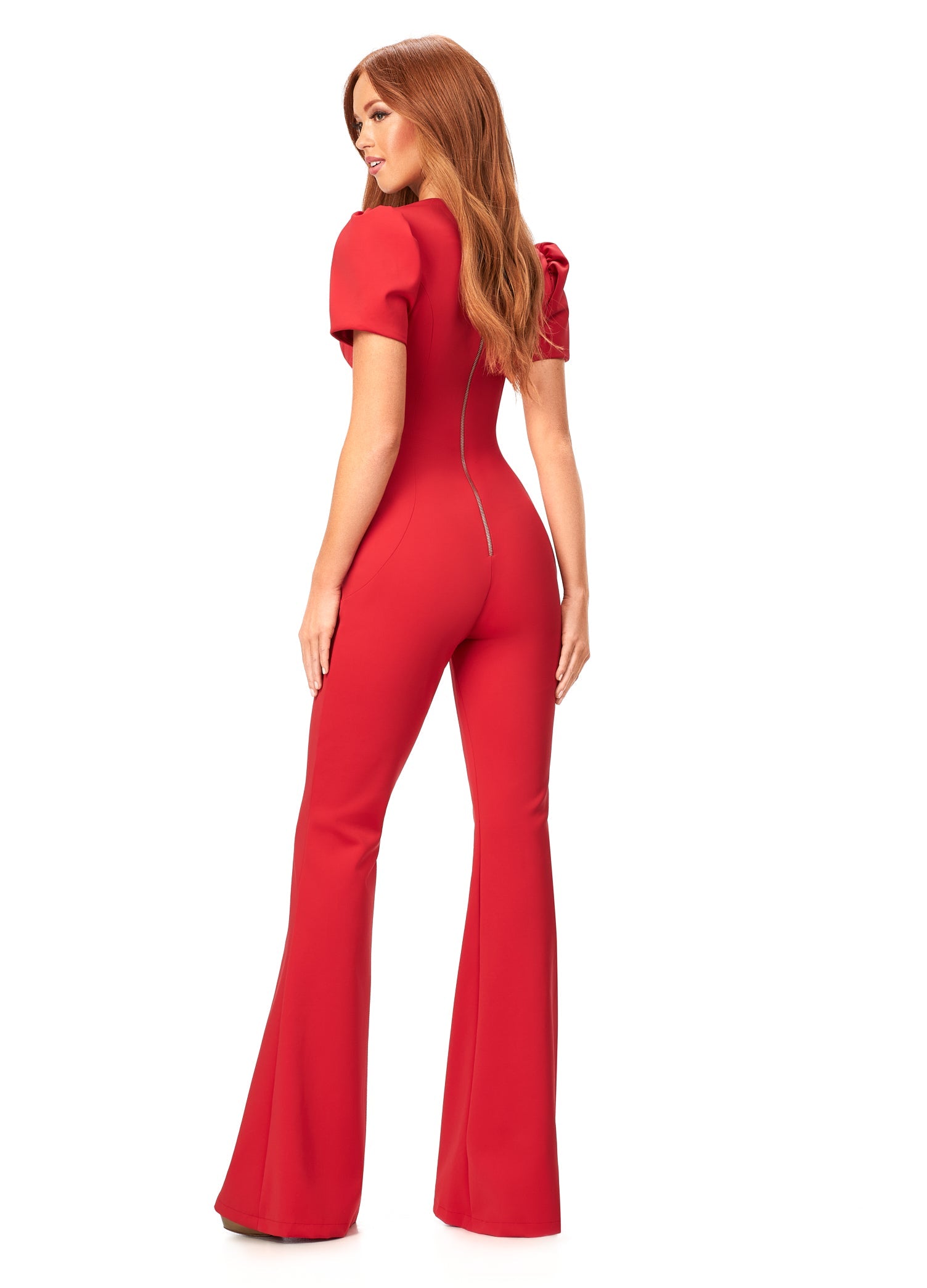 Ashley Lauren 11218 Long Puff Cap sleeve Fitted Scuba Pageant Jumpsuit Formal Wear The perfect jumpsuit is here! This scuba jumpsuit features a queen anne neckline and puff sleeves. Queen Anne Neckline Puff Sleeves Flare Pant Scuba Sizes: 00-24  Colors: Orchid, Sky, Red, Black
