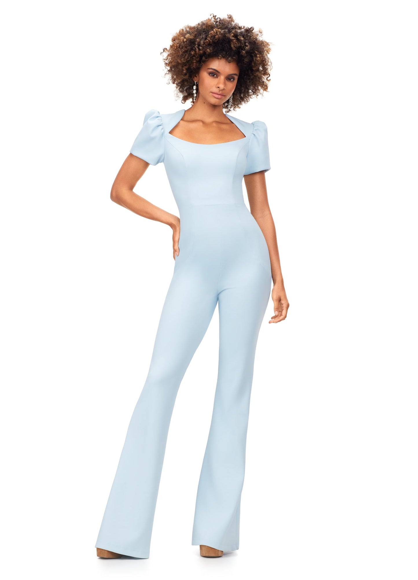 Ashley Lauren 11218 Long Puff Cap sleeve Fitted Scuba Pageant Jumpsuit Formal Wear The perfect jumpsuit is here! This scuba jumpsuit features a queen anne neckline and puff sleeves. Queen Anne Neckline Puff Sleeves Flare Pant Scuba Sizes: 00-24  Colors: Orchid, Sky, Red, Black